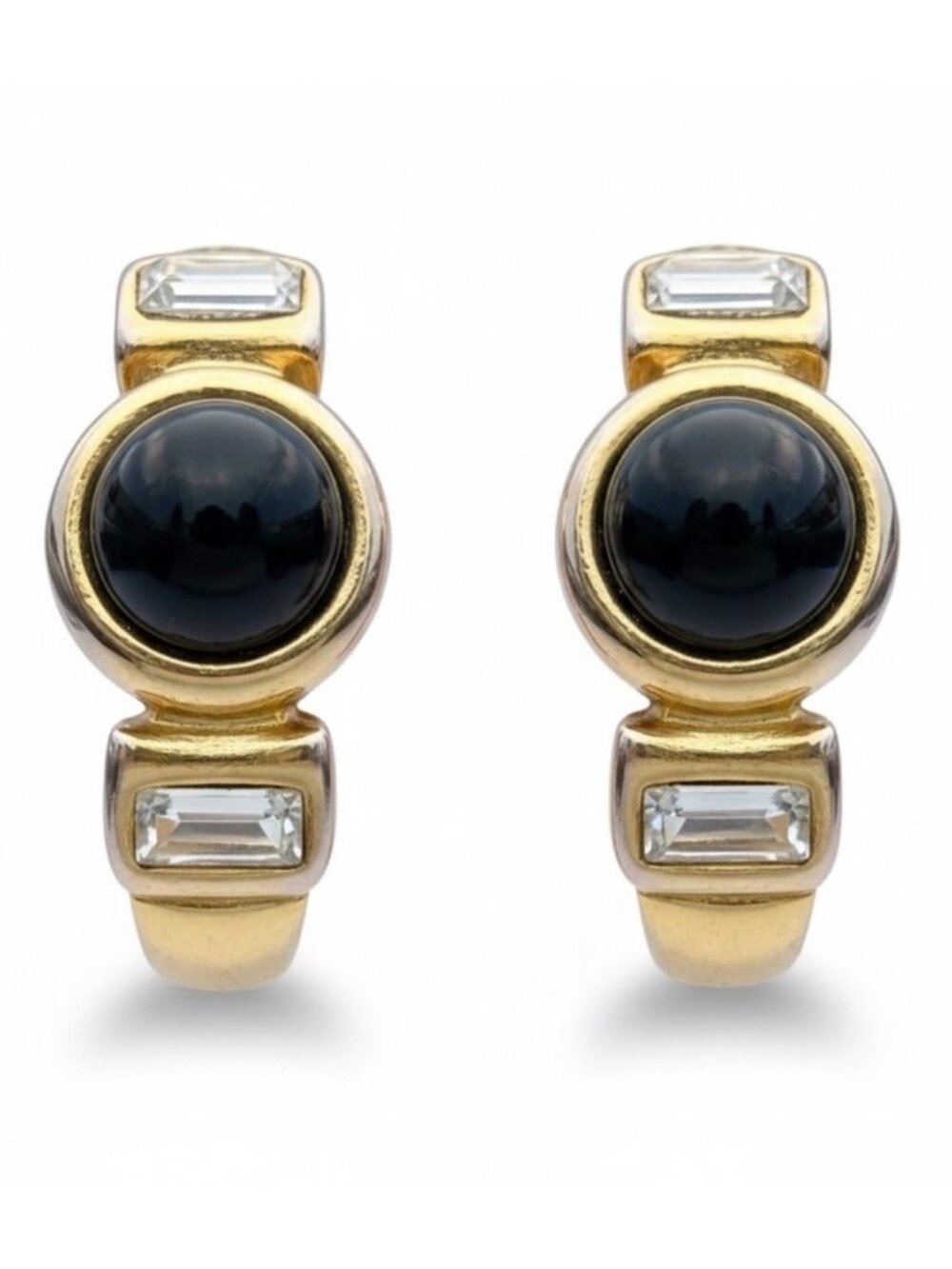 Vintage 80s Gold-Tone Hoop Earrings With Black Cabochon Clear Baguette Accents